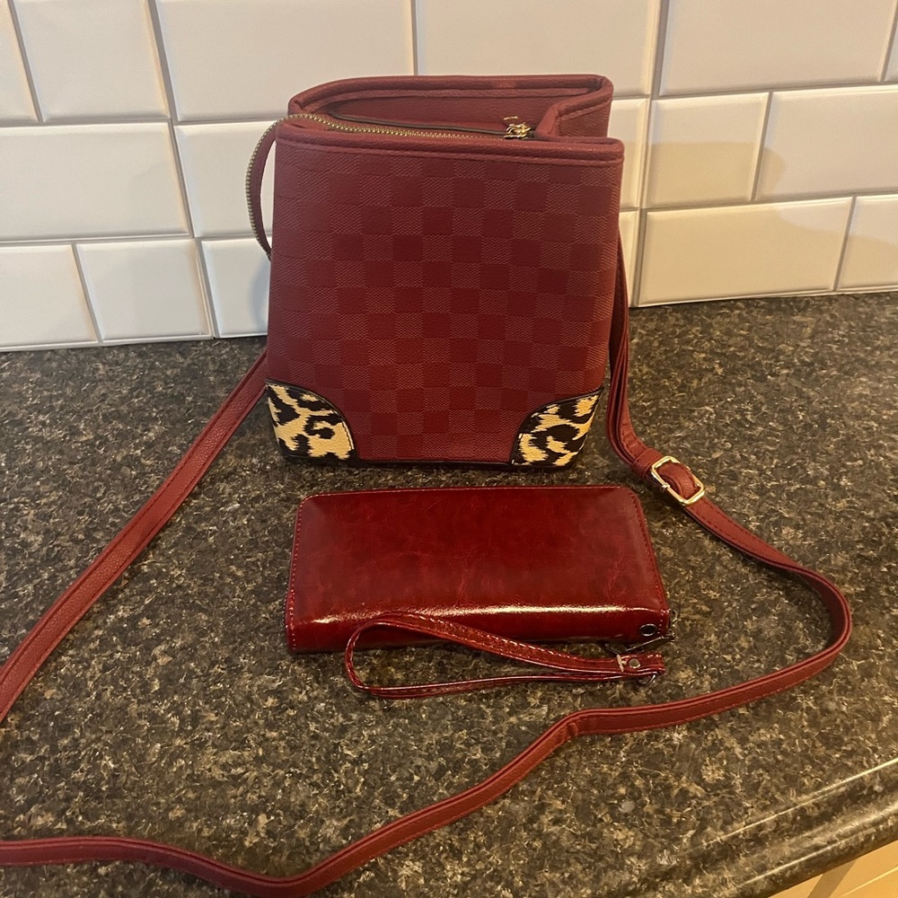Burgundy Crossbody Bag + Matching Wallet Set ✨